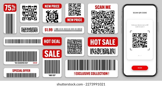 Product barcodes and QR codes. Smartphone application, scanner app. Sale stickers, discount label or promotional badge. Serial number, product ID. Store, supermarket scan labels. Vector illustration