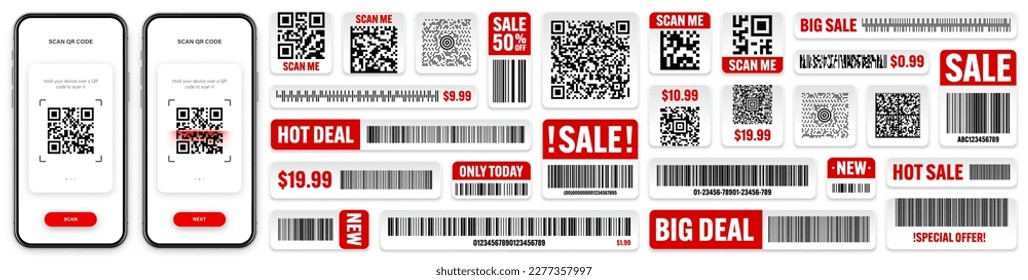 Product barcodes and QR codes. Smartphone application, scanner app. Sale stickers, discount label or promotional badge. Serial number, product ID. Store, supermarket scan labels. Vector illustration