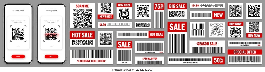 Códigos de barras de productos y códigos QR. Aplicación Smartphone, aplicación de escáner. Etiquetas de venta, etiqueta de descuento o insignia promocional. Número de serie, ID del producto. Almacenar, etiquetas de escaneo de supermercados. Ilustración del vector