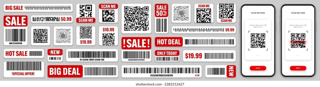 Product barcodes and QR codes. Smartphone application, scanner app. Sale stickers, discount label or promotional badge. Serial number, product ID. Store, supermarket scan labels. Vector illustration