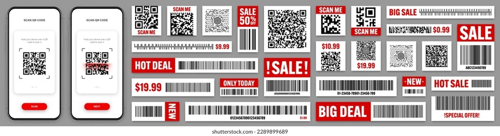 Product barcodes and QR codes. Smartphone application, scanner app. Sale stickers, discount label or promotional badge. Serial number, product ID. Store, supermarket scan labels. Vector illustration