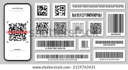 Product barcodes and QR codes. Smartphone application, scanner app. Identification tracking code. Serial number, product ID with digital information. Store, supermarket scan labels, vector price tag.