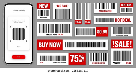 Product barcodes. Smartphone application, scanner app. Sale stickers, discount label or promotional badge. Serial number, product ID. Store, supermarket scan labels, price tag. Vector illustration