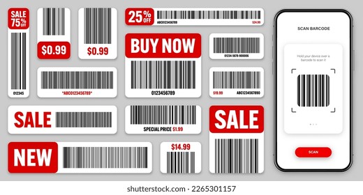 Product barcodes. Smartphone application, scanner app. Sale stickers, discount label or promotional badge. Serial number, product ID. Store, supermarket scan labels, price tag. Vector illustration