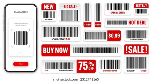 Product barcodes. Smartphone application, scanner app. Sale stickers, discount label or promotional badge. Serial number, product ID. Store, supermarket scan labels, price tag. Vector illustration