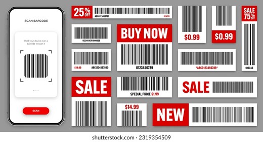Códigos de barras de productos. Aplicación Smartphone, aplicación de escáner. Etiquetas de venta, etiqueta de descuento o insignia promocional. Número de serie, ID del producto. Tienda, etiquetas de escaneo de supermercados, etiqueta de precio. Ilustración del vector