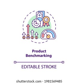 Product Benchmarking Concept Icon. Cost Reduction Idea Thin Line Illustration. Business Process Improvement. Benchmarking Information. Vector Isolated Outline RGB Color Drawing. Editable Stroke