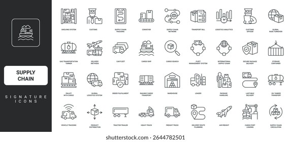 Product box distribution, supplier search thin black symbols vector illustration. Supply chain, delivery and cargo transportation, logistic service and factory warehouse line icon set.