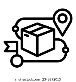 Product box and map pin line icon, Shipping delivery symbol, Package tracking vector sign on white background, cardboard with location destination icon outline. Vector.