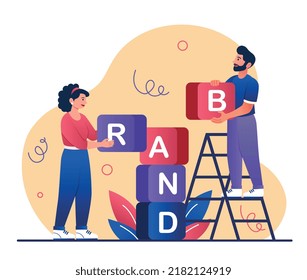 Product brand building. Man and woman designing logo and company name. Marketers and SMM conducting marketing research, analytics. Modern methods of advertising. Cartoon flat vector illustration