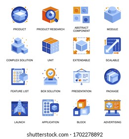 Product branding icons set in flat style. Product research, component and module, extensible and scalable system, advertising and presentation signs. Abstract box solution pictograms for UX UI design.