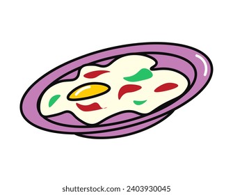 Product for breakfast of food colorful set. The design encapsulates the essence of a perfect morning, complete with a fried eggs against a crisp white canvas. Vector illustration.