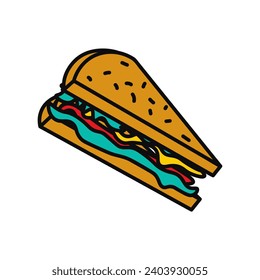 Producto para el desayuno de un conjunto de comida colorida. Esta cautivadora ilustración de un sándwich exuda la esencia de la comida matutina, ofreciendo una escena reconfortante en un inmaculado lienzo blanco. Ilustración vectorial.