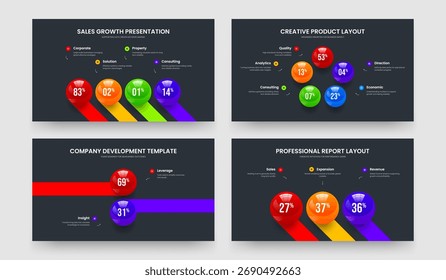 Product Briefing Four Five Two Three Element Chart Slideshow Design Vector Illustration Collection. Digital Insight 4 5 2 3 Option Diagram Slide Template Set.