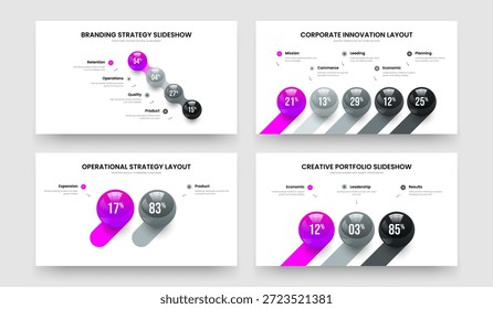 Produktbriefing Vier Fünf Zwei Drei-Optionen-Infografik-Folienlayout-Vektorgrafik-Illustration-Kollektion. Sales Innovation 4 5 2 3 Element Chart Frame Template Paket.