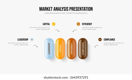 Product Briefing Slide Layout Vector Illustration. Corporate Report Four Step Infographic Presentation Design. Project Performance 4 Option Diagram Slideshow Template.