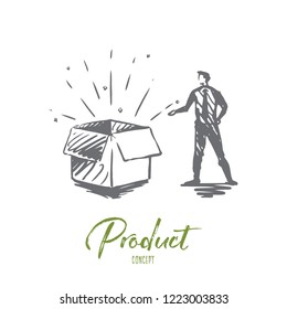 Product, buy, business, shop, commerce concept. Hand drawn customer and product in box concept sketch. Isolated vector illustration.