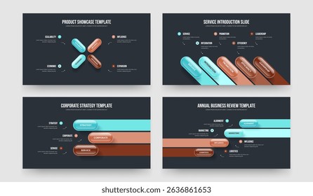 Product Campaign 4 5 3 4 Step Diagram Slideshow Layout Bundle. Visual Growth Four Five Three Four Element Infographic Presentation Design Vector Illustration Collection.