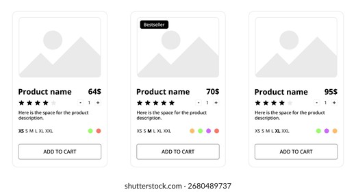 Conjunto de tarjetas de Producto, comercio electrónico, Elementos de interfaz de usuario, Botón CTA: Agregar al Carrito, tamaño y selección de color.