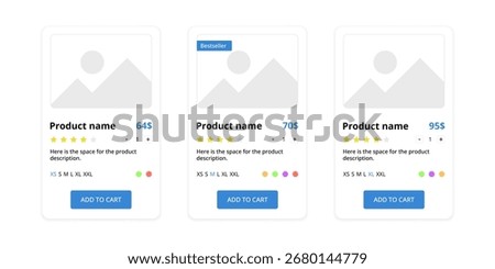 Product card set, e-commerce,  UI elements, CTA button: Add to cart, size and color selection.