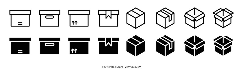 Producto de caja de cartón paquete conjunto de iconos de Vector. signo de caja vacía. entrega caja de paquete símbolo de Vector. envío caja de cartón icono.