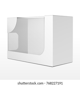 Product Cardboard Plastic Package Box With Window. Illustration Isolated On White Background. Mock Up Template Ready For Your Design. Vector EPS10