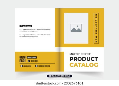 Product catalog and promotional magazine cover template with photo placeholders. Company promotion catalog booklet cover with yellow and dark colors. Business product advertisement catalog cover.