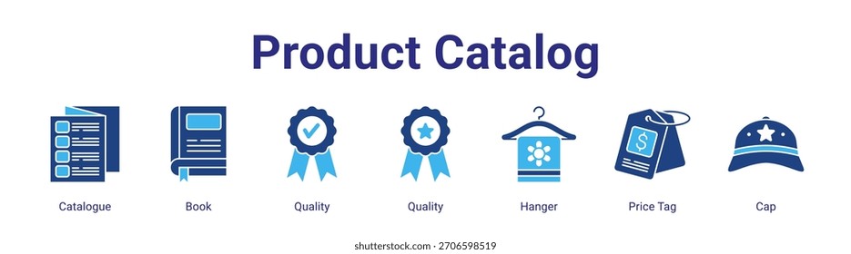 Produktkatalog Web-Banner-Symbol Vektorgrafik-Konzept mit Katalog, Buch, Qualität, Qualität, Hanger, Preis-Tag und Cap in einer Sammlung Set.