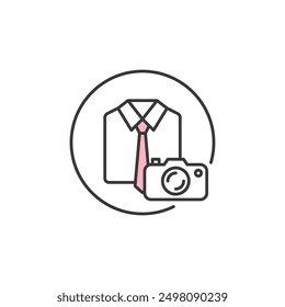 Product categories icon. Graphic source of man shirt with tie and camera in circle symbolize category of products as a directory for customer to look easier for the items she or he needs.