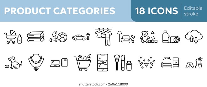 product category icons for electronics, fashion, groceries, beauty, toys, ideal for e-commerce platforms, retail apps and marketing campaigns