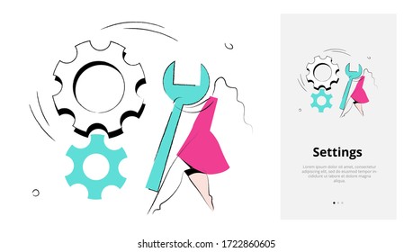 Product category. Vector illustration of settings, service maintenance. A woman holding a wrench near cogwheels. Isolated vector illustration in modern minimal style. Mobile app onboarding screen.