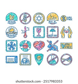 product caution label warning doodle icons set vector. sketch line art vegan, gluten free, fair trade, temperature sensitive, kosher, halal, gmo free product caution label warning color illustrations