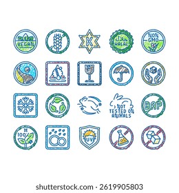 product caution label warning doodle icons set vector. vegan, gluten free, kosher, halal, gmo free, fair trade, temperature sensitive product caution label warning sketch hand drawn