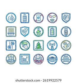product caution label warning doodle icons set vector. clean formula, remote control, no app required, vitamin, durability, microwave safe product caution label warning sketch hand drawn