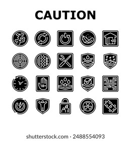 product caution label warning icons set vector. odor control, reversible, automatic shut down, lightweight, indoor use only product caution label warning glyph pictogram Illustrations