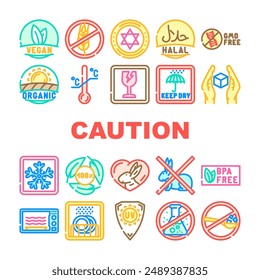etiqueta de precaución del producto iconos de advertencia set Vector. vegano, libre de gluten, comercio justo, sensible a la temperatura, kosher, halal, gmo etiqueta de precaución del producto libre advertencia línea de color ilustraciones