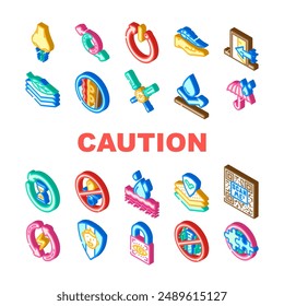 product caution label warning icons set vector. odor control, reversible, automatic shut down, lightweight, indoor use only product caution label warning isometric sign illustrations