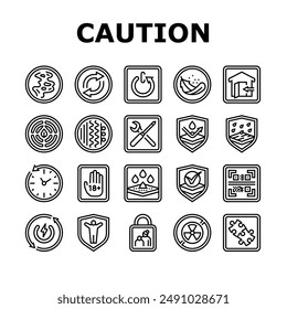 product caution label warning icons set vector. odor control, reversible, automatic shut down, lightweight, indoor use only product caution label warning black contour illustrations