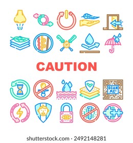 product caution label warning icons set vector. odor control, reversible, automatic shut down, lightweight, indoor use only product caution label warning color line illustrations