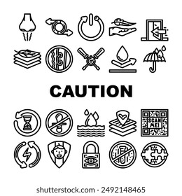 product caution label warning icons set vector. odor control, reversible, automatic shut down, lightweight, indoor use only product caution label warning black contour illustrations