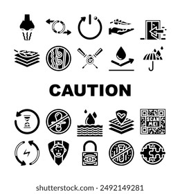 product caution label warning icons set vector. odor control, reversible, automatic shut down, lightweight, indoor use only product caution label warning glyph pictogram Illustrations