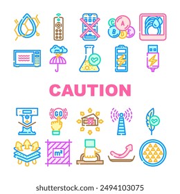 Vector limpio, control remoto, no se requiere App, vitamina, durabilidad, seguro para microondas etiqueta de precaución del producto advertencia línea de color ilustraciones