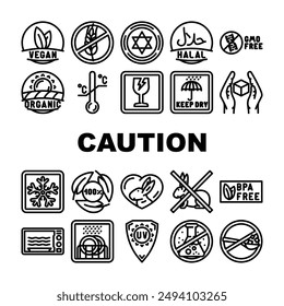 product caution label warning icons set vector. vegan, gluten free, fair trade, temperature sensitive, kosher, halal, gmo free product caution label warning black contour illustrations