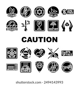 Vector vegano, libre de gluten, comercio justo, sensible a la temperatura, kosher, halal, libre de gmo etiqueta de advertencia de producto Ilustraciones de pictogramas de glifo