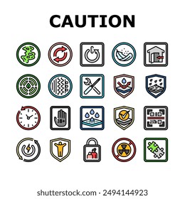 product caution label warning icons set vector. odor control, reversible, automatic shut down, lightweight, indoor use only product caution label warning color line illustrations