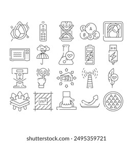 product caution label warning icons set vector. clean formula, remote control, no app required, vitamin, durability, microwave safe product caution label warning black contour illustrations