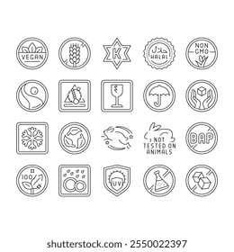 product caution label warning icons set vector. vegan, gluten free, kosher, halal, gmo-free, fair trade, temperature sensitive product caution label warning black contour illustrations