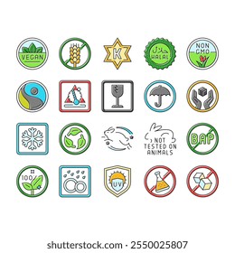 product caution label warning icons set vector. vegan, gluten free, kosher, halal, gmo free, fair trade, temperature sensitive product caution label warning color line illustrations