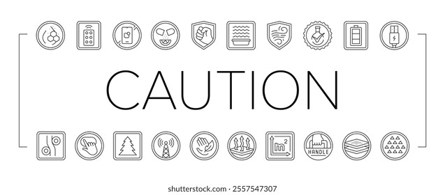 product caution label warning icons set vector. clean formula, remote control, no app required, vitamin, durability, microwave safe product caution label warning black contour illustrations