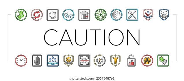 product caution label warning icons set vector. odor control, reversible, automatic shut down, lightweight, indoor use only product caution label warning color line illustrations